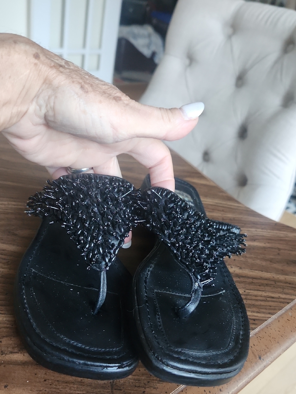 jamie sadock Black Beaded Thong Sandals